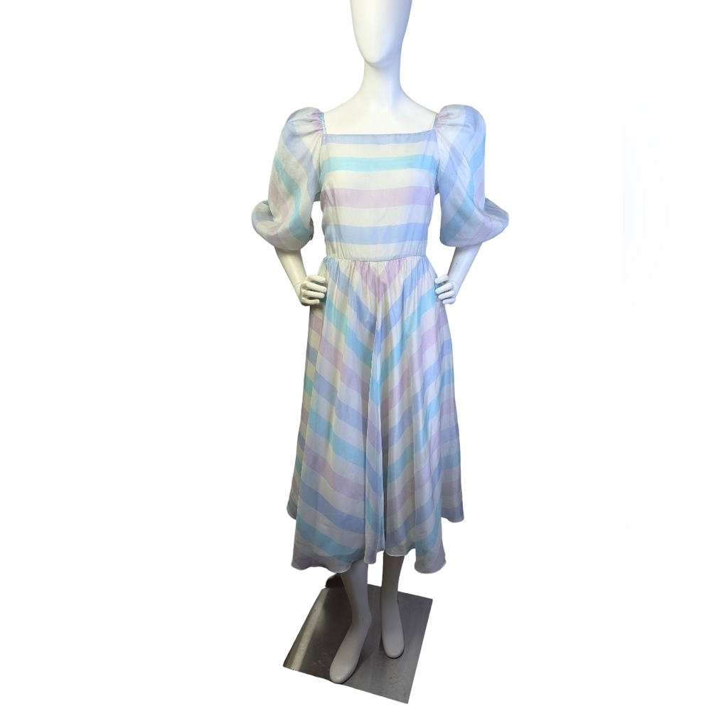 Vintage Handmade Ethereal Pastel Stripe Puff Sleeve Dress Glam Fairy Medium